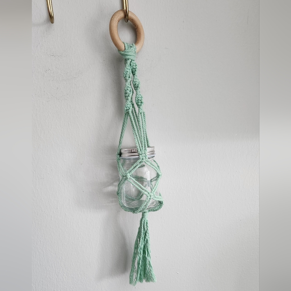 Mini Macrame Plant Hanger with Jar Beautiful! Aqua Green W/ 5oz Ball Jar